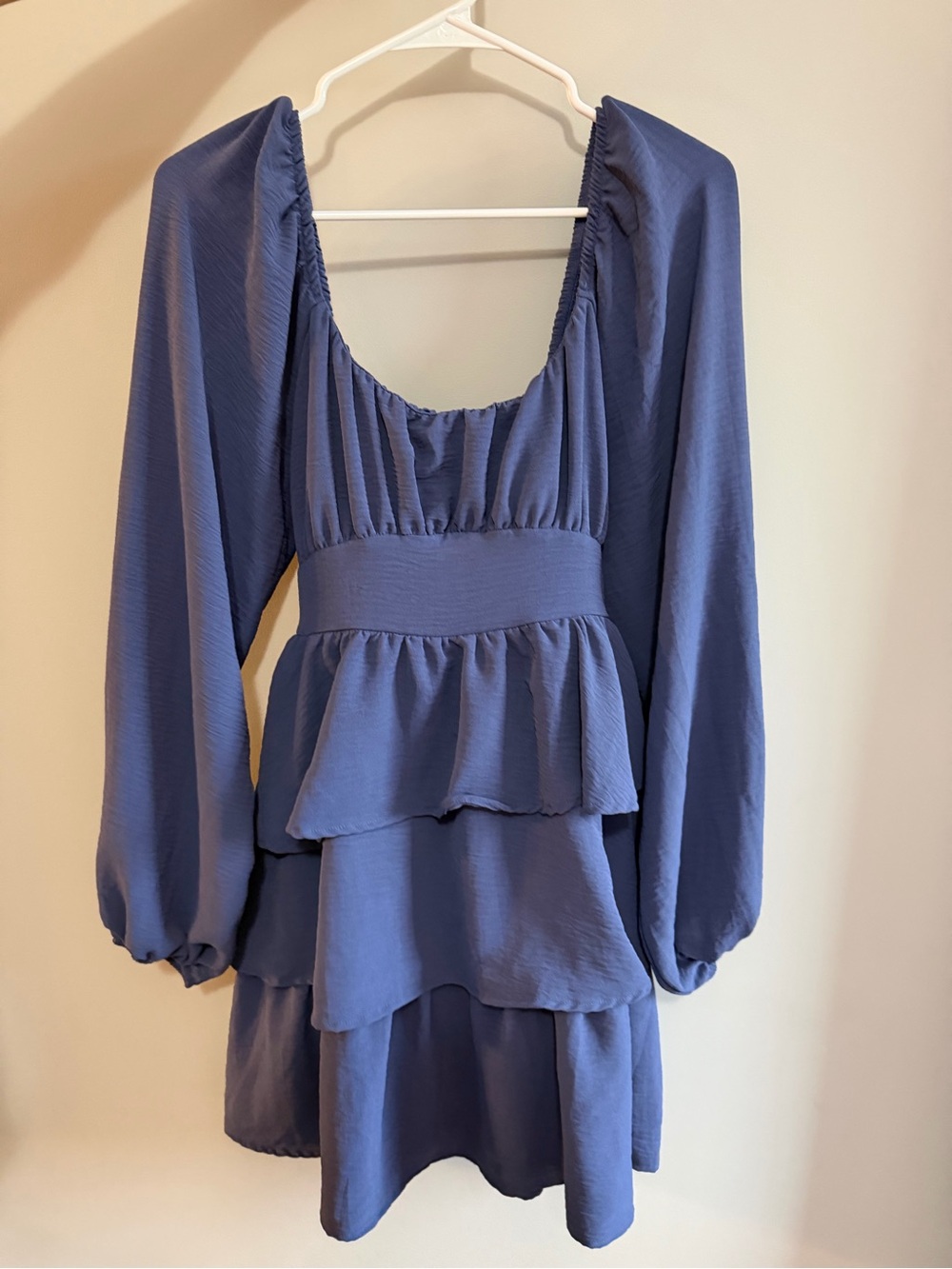 Women's Blue Tiered Long-Sleeve Mini Dress with Smocked Waist From DryGoods